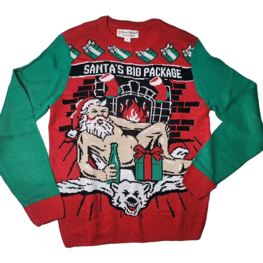Funny Ugly Christmas Sweater Santa Fireplace Beer Gift Men's Size M NWT